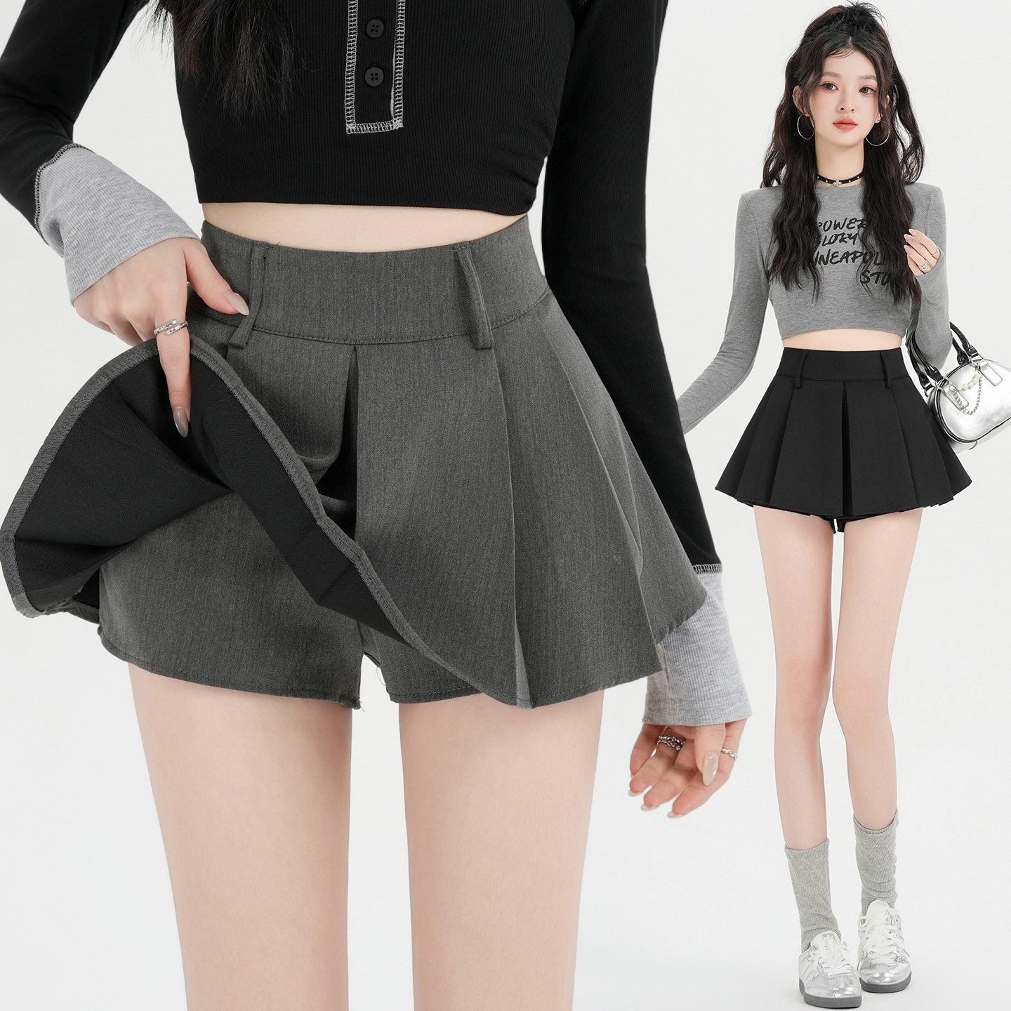 灰色百褶裙女短裙春夏秋新款裤裙小个子高腰西装a字半身裙