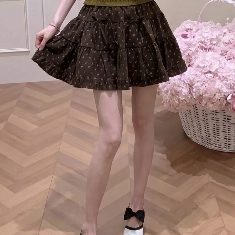 韩系甜美木耳边蝴蝶结碎花半身裙女秋季高腰显瘦A字呢子短裙