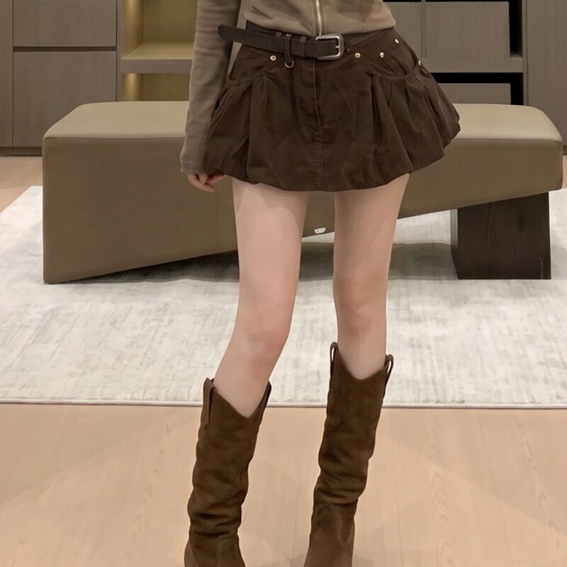 美拉德高腰防走光牛仔花苞裙女2026年新款A字半身短裙配腰带
