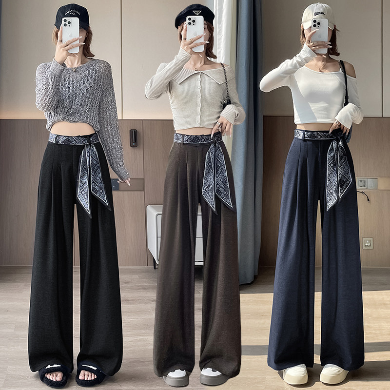 天丝牛仔裤阔腿女春秋系带高腰显瘦气质百搭宽松休闲直筒拖地裤