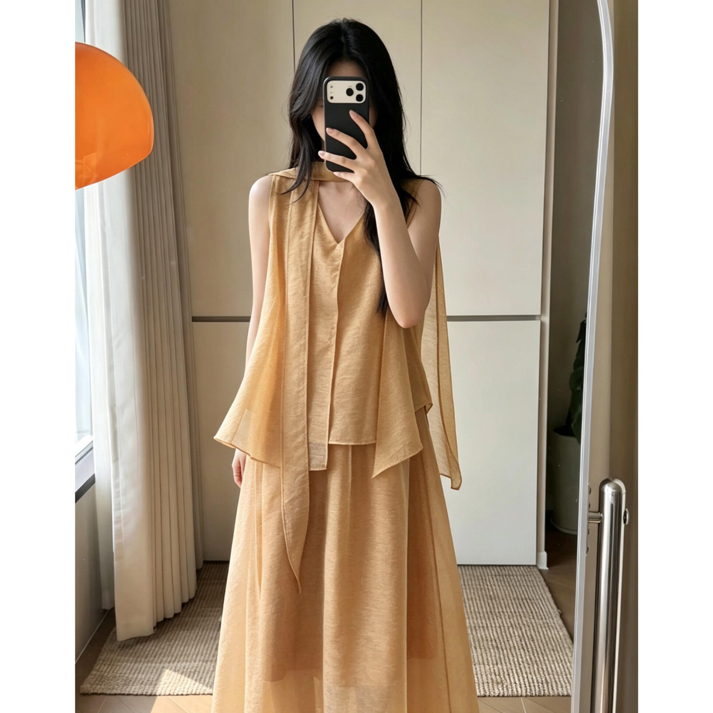 韩系巨好看ootd穿搭一整套2026新款橘色背心上衣女夏季阔腿裤套装
