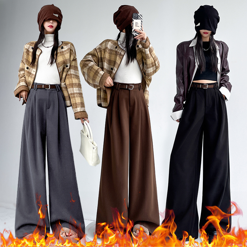 高级感灰色毛呢西装裤女秋冬2025新款高腰直筒宽松垂感窄版阔腿裤