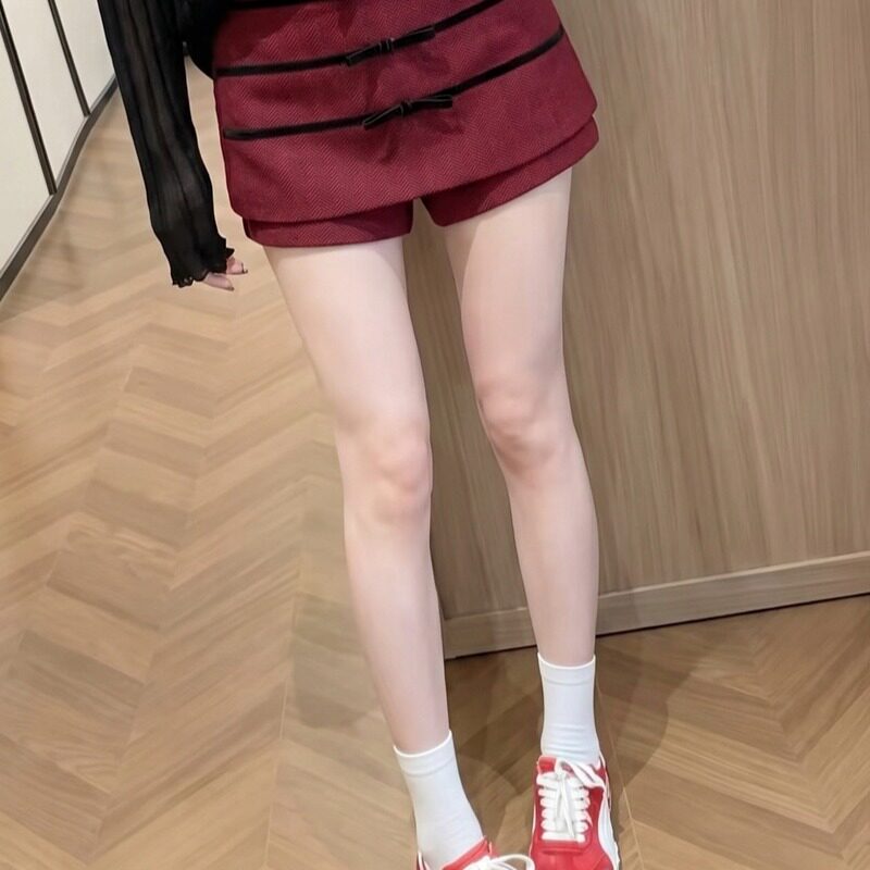 甜美风蝴蝶结高腰休闲裤呢子半身裙女装秋冬新款防走光裙裤