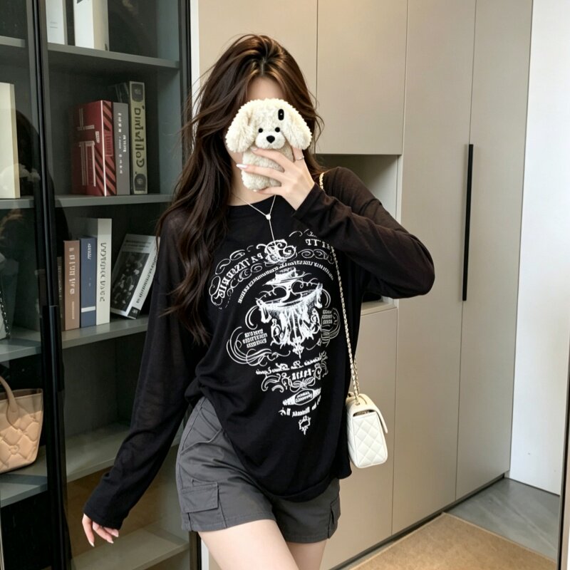 美式复古慵懒风字母印花薄款透视防晒T恤女宽松长袖空调罩衫