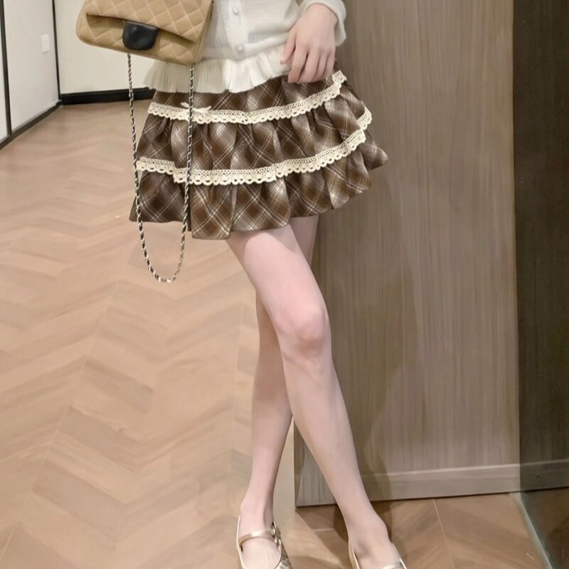 甜美学院撞色花边拼接格子半身裙层次蛋糕呢子短裙女防走光