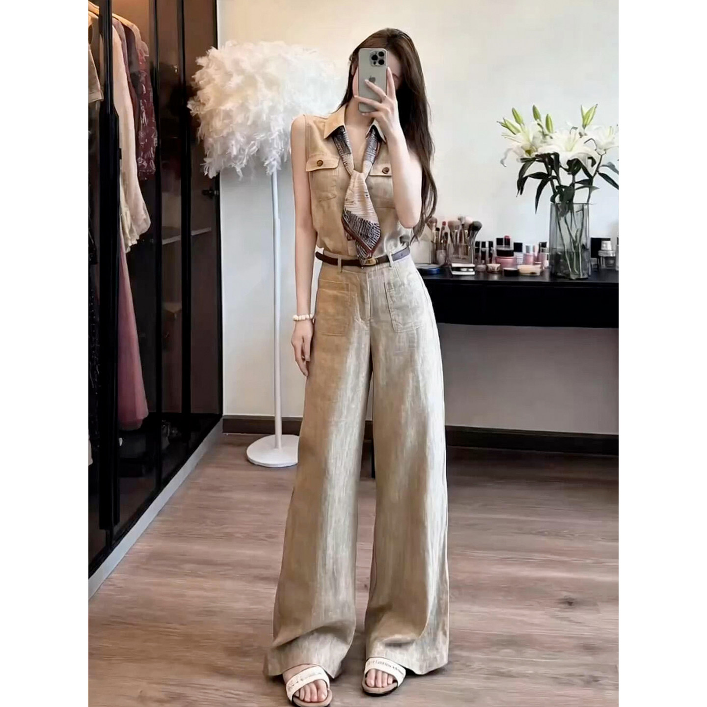 韩系巨好看套装女夏季无袖衬衫直筒阔腿裤漂亮超火ootd穿搭两件套