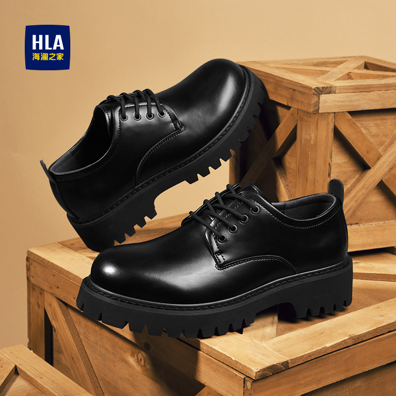 海澜之家男鞋春季新款休闲皮鞋男士增高黑色大头西装鞋英伦机车鞋