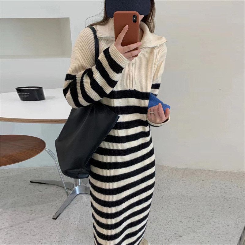 韩版翻领拉链条纹中长款毛衣裙2025秋冬新款套头长袖针织衫女外套