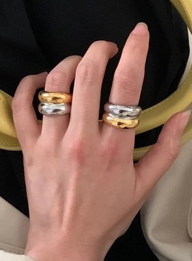 可以戴着洗手的金银双层拼色简约时髦宽版戒指  冷淡风显白指环女