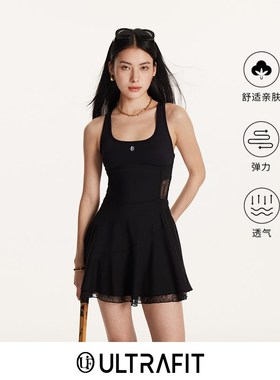 ULTRAFIT黑色拼接蕾丝晚宴裙吊带双层运动网球连衣裙