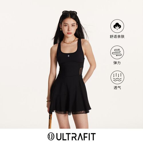 ULTRAFIT黑色拼接蕾丝晚宴裙吊带双层运动网球连衣裙