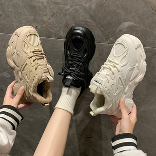 大尺码女鞋41一43脚宽胖妹妹冬天老爹鞋F女加绒保暖休闲运动鞋40