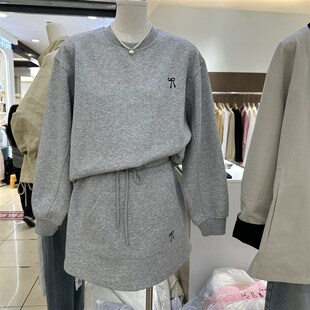 韩版刺绣卫衣套装裙女春秋冬季灰色圆领卫衣插兜运动半身裙两件套