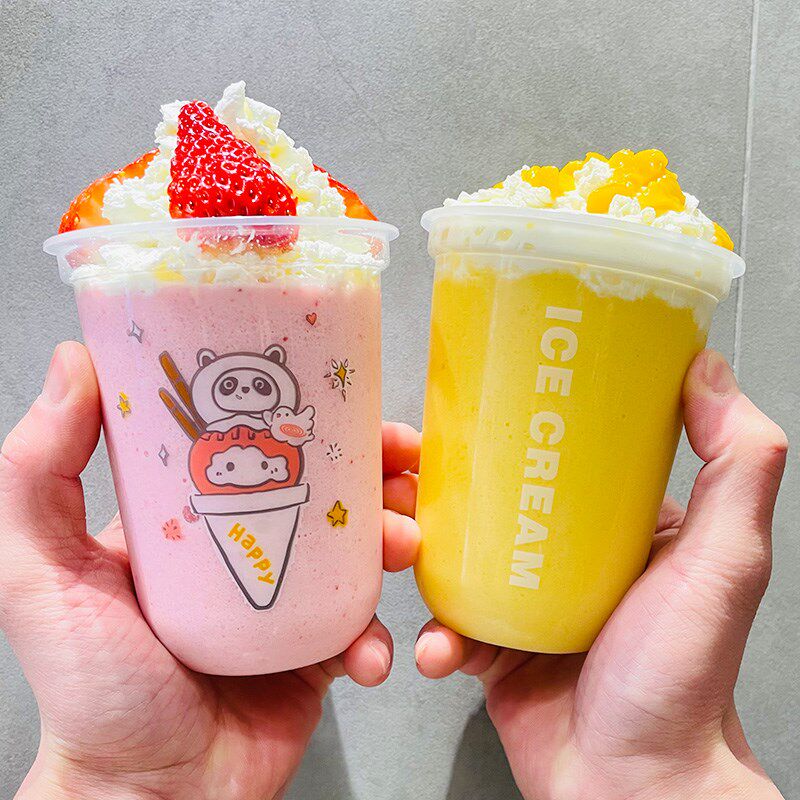 奶茶杯一次性塑料杯400毫升U型杯非蜜雪冰城圣代冰淇淋杯定制LOGO图片
