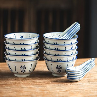 碗餐具 汤碗老式 高温青花瓷碗漂亮碗陶瓷饭碗碗家用10个装 碗勺套装
