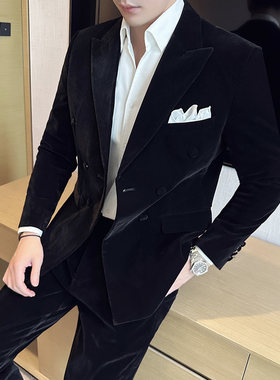 双排扣丝绒西服外套男高质感轻奢休闲修身主持宴会礼服上衣男秋冬