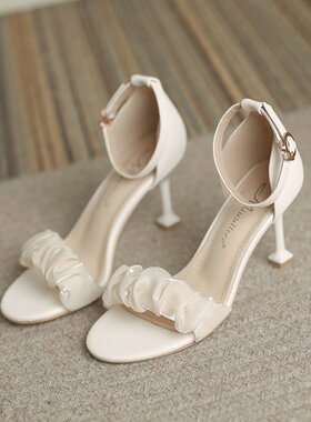 白色凉鞋2023年新款女夏季一B字扣百搭法式温柔细跟高跟鞋配裙子