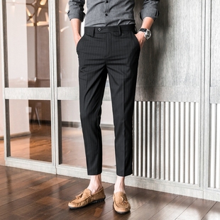 休闲西裤 男裤 竖条纹高端男士 小脚九分七分八分7分9分裤 子商务修身