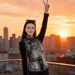 民族风现代服装女士马甲缎面提花纯手工盘扣立领坎肩蒙古元素马夹