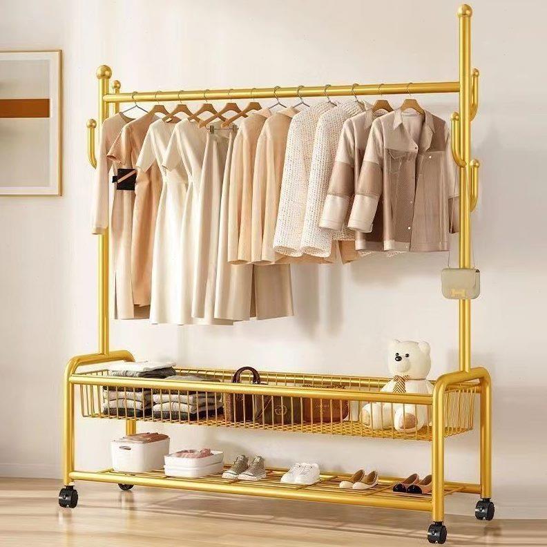 衣架落地卧室挂衣架带轮家用客厅阳台轻奢晾衣架杆衣帽架置物篮