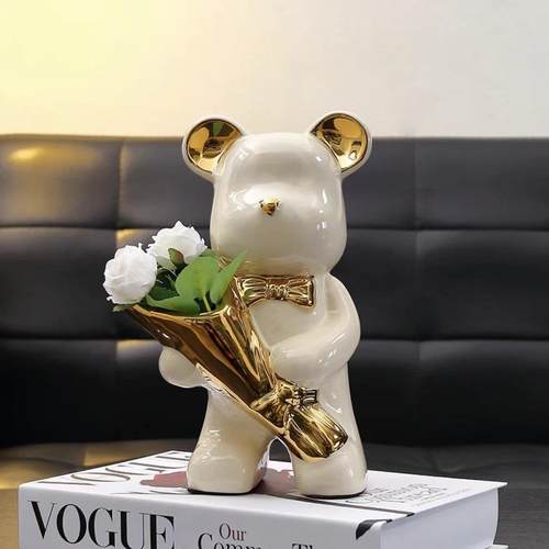 捧花熊摆件可爱风轻奢简约高档陶瓷玄关客厅酒柜电视柜装饰摆饰