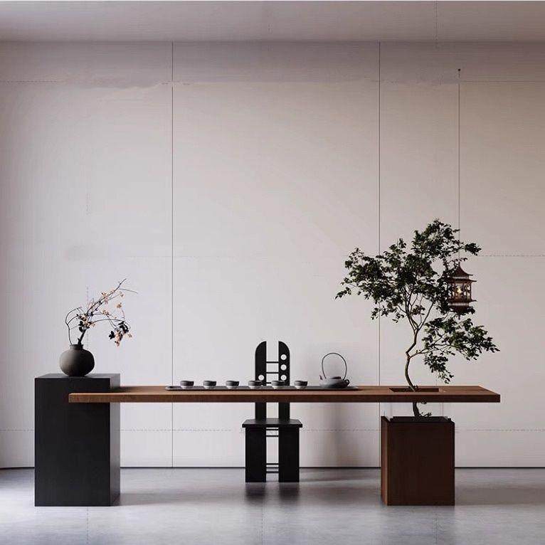 新中式茶台客厅家用茶几现代简约阳台茶桌设计师实木导台绿植茶桌