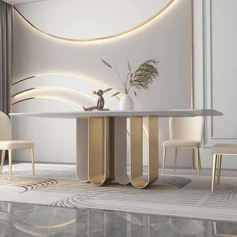 轻奢岩板餐桌现代简约长方形吃饭桌家用设计师款亮光马肚形餐桌