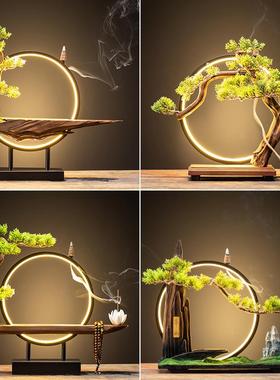 新中式禅意摆件底座风化实木家居摆件客厅办公室玄关书房铁艺灯圈