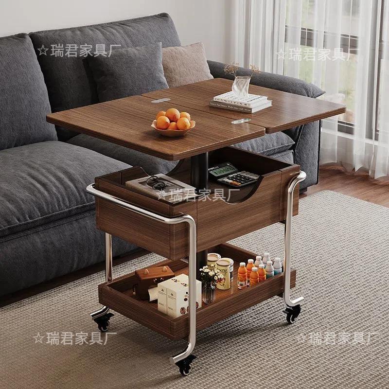 实木古风中古小推车客厅家用移动收纳折叠覆古茶几小户型升降沙发