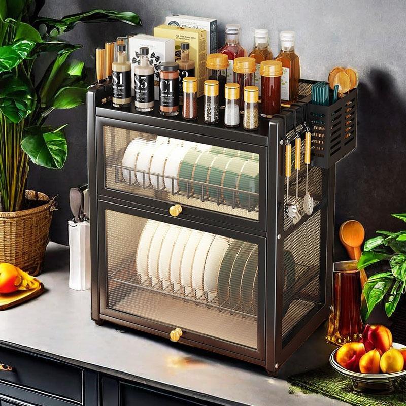 厨房碗碟收纳柜家用双层碗柜碗盘刀筷子调料置物架餐具碗碟沥水架