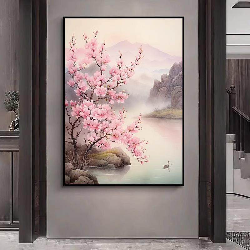 桃花挂画卧室床头意境山水风景客厅装饰画新中式沙发背景墙壁挂画