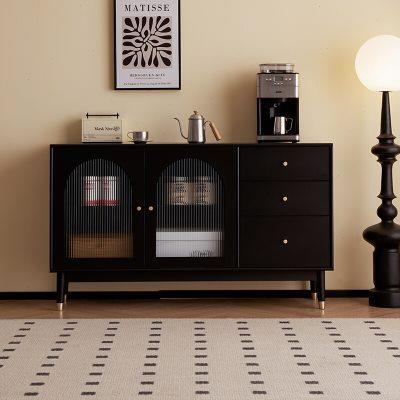 实木客厅餐柜一体靠墙收纳柜约客厅茶水碗盘柜黑色