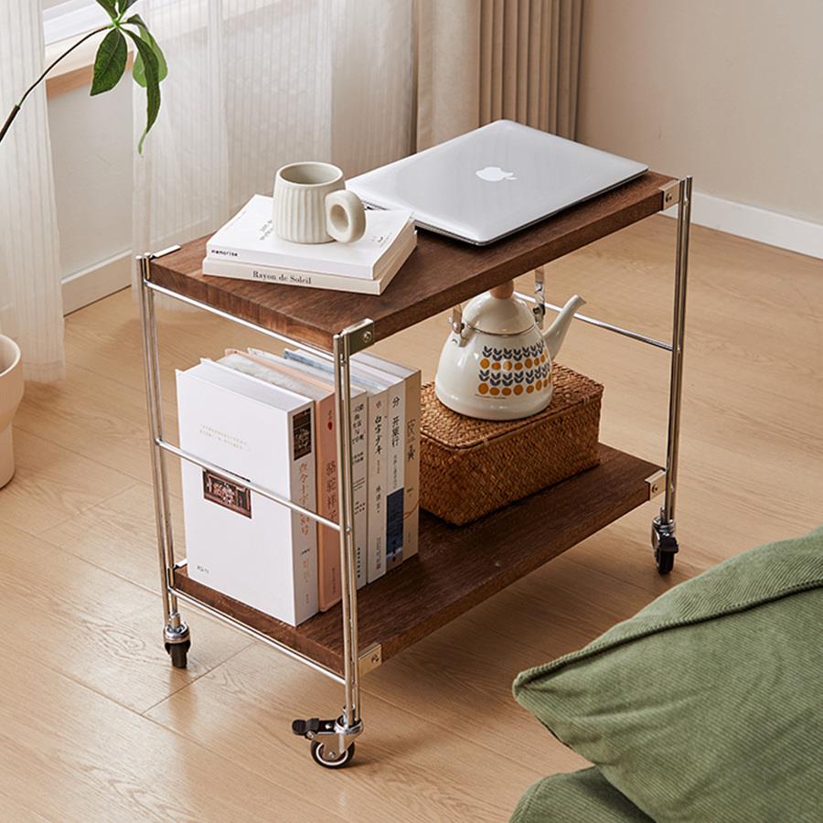 实木可移动边几书架小推车办公桌边置物架网红不锈钢实木边柜带轮