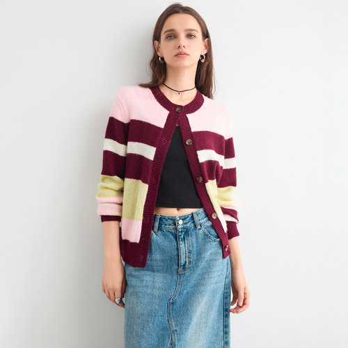 myall时尚减龄圆领粗条纹针织开衫女2025秋季新款百搭保暖毛衣