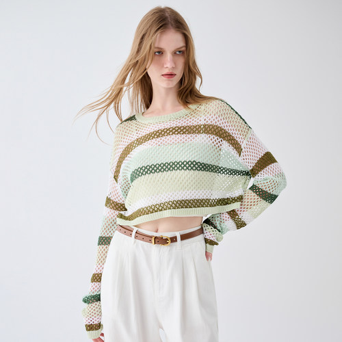 myall彩色条纹长袖针织镂空罩衫女2025秋新款圆领宽松外搭短上衣