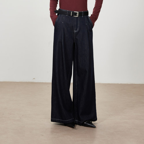 myall经典水洗直筒阔腿牛仔裤女2025秋季新款宽松高腰压褶长裤