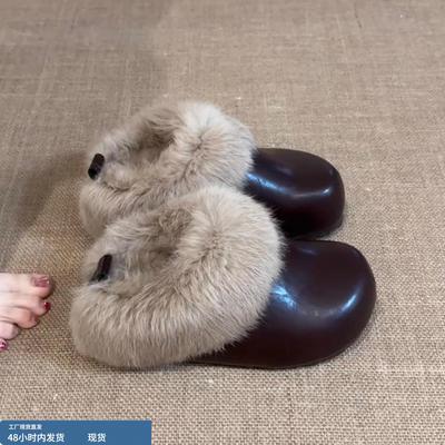 厚底增高一脚蹬毛毛皮面勃肯鞋包头半拖鞋女冬外穿2025新款棉拖鞋