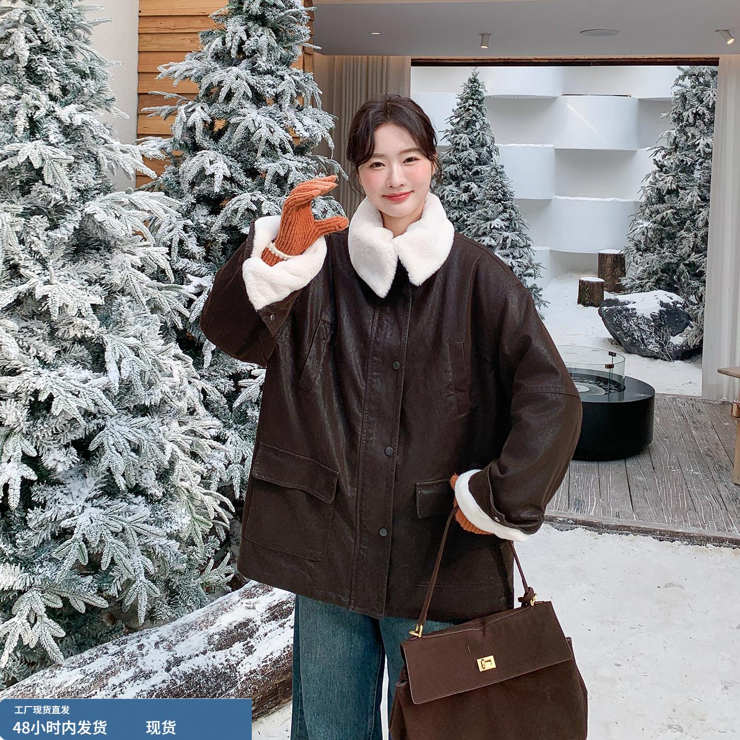咖色美拉德复古羊羔毛翻领外套女2025秋冬季新款韩版加厚皮衣夹克