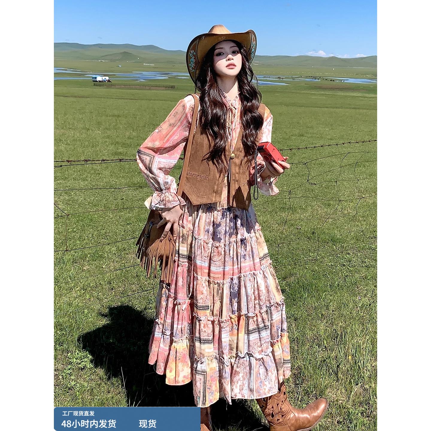 粉色印花长袖连衣裙马甲两件套女春秋2025流行穿搭大方得体一整套