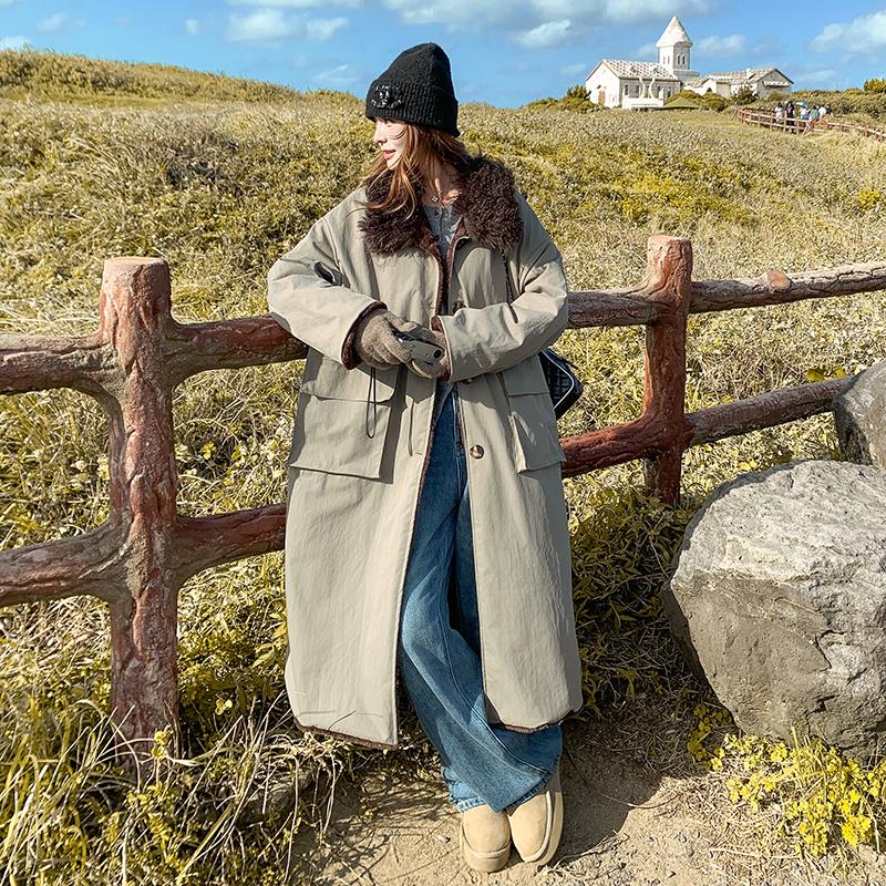 大毛领灰色派克服女中长款冬2025加绒加厚外套韩系休闲巨好看棉服