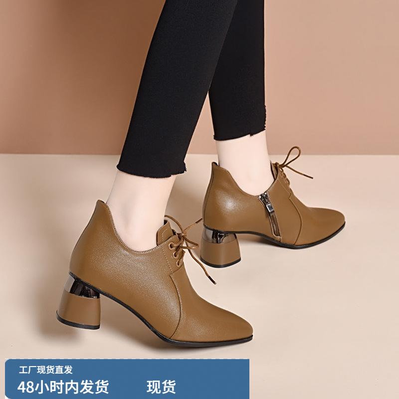 粗跟尖头单鞋女2025新款春季女鞋通勤百搭系带深口皮鞋高跟鞋真皮