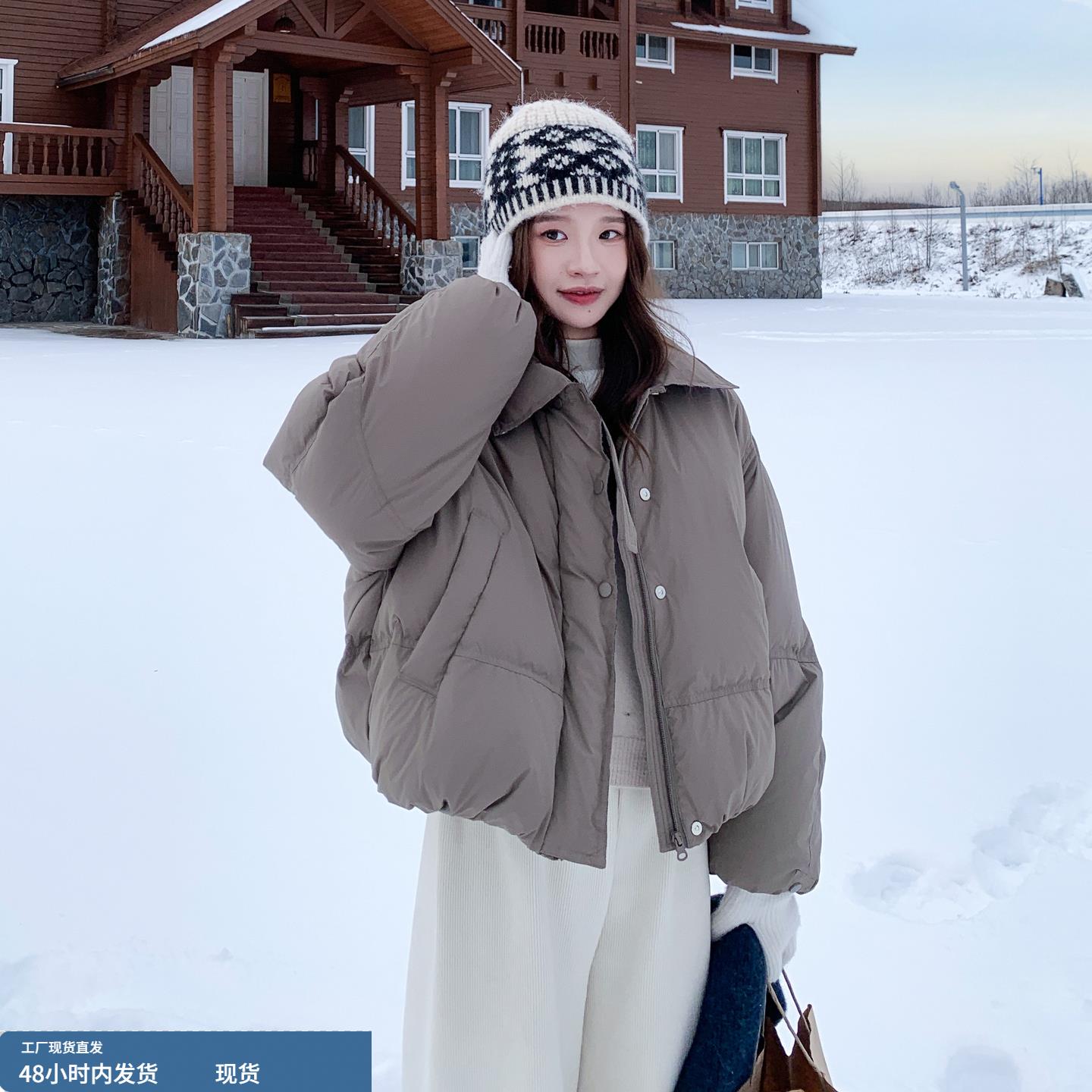 韩版时尚简约格纹翻领羽绒服女2025年冬季新款加厚减龄白鸭绒外套