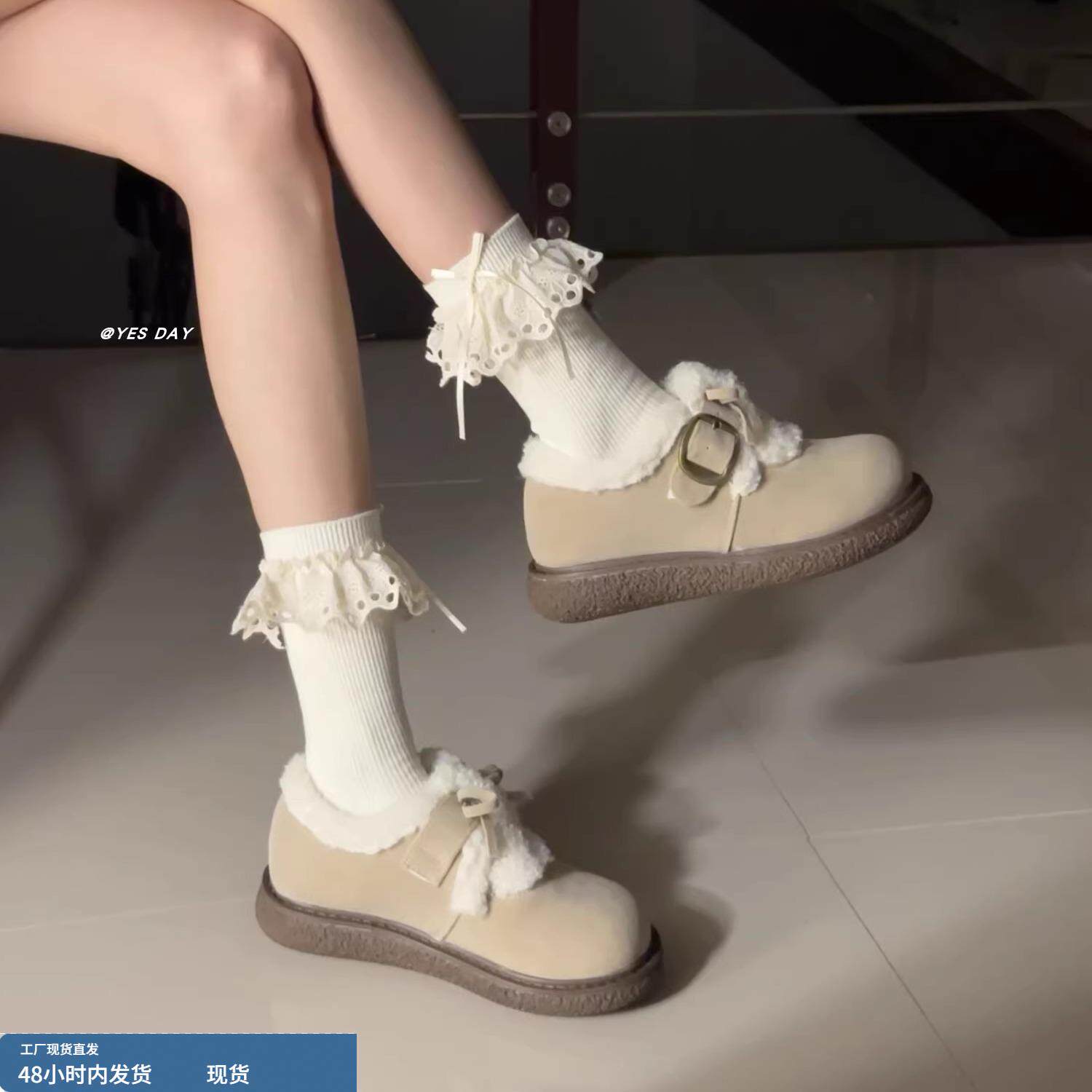 森系复古蝴蝶结保暖加绒勃肯鞋2025冬季新款百搭平底羊羔毛棉鞋女