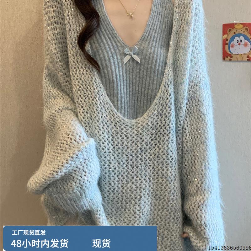 大码女装秋季胖mm韩系蝴蝶结挂脖针织背心叠穿毛衣时尚两件套上衣