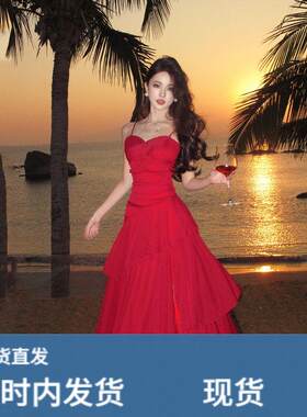 夏日绝美小裙子复古红色度假风吊带长裙晚礼服收腰荷叶边洋装女