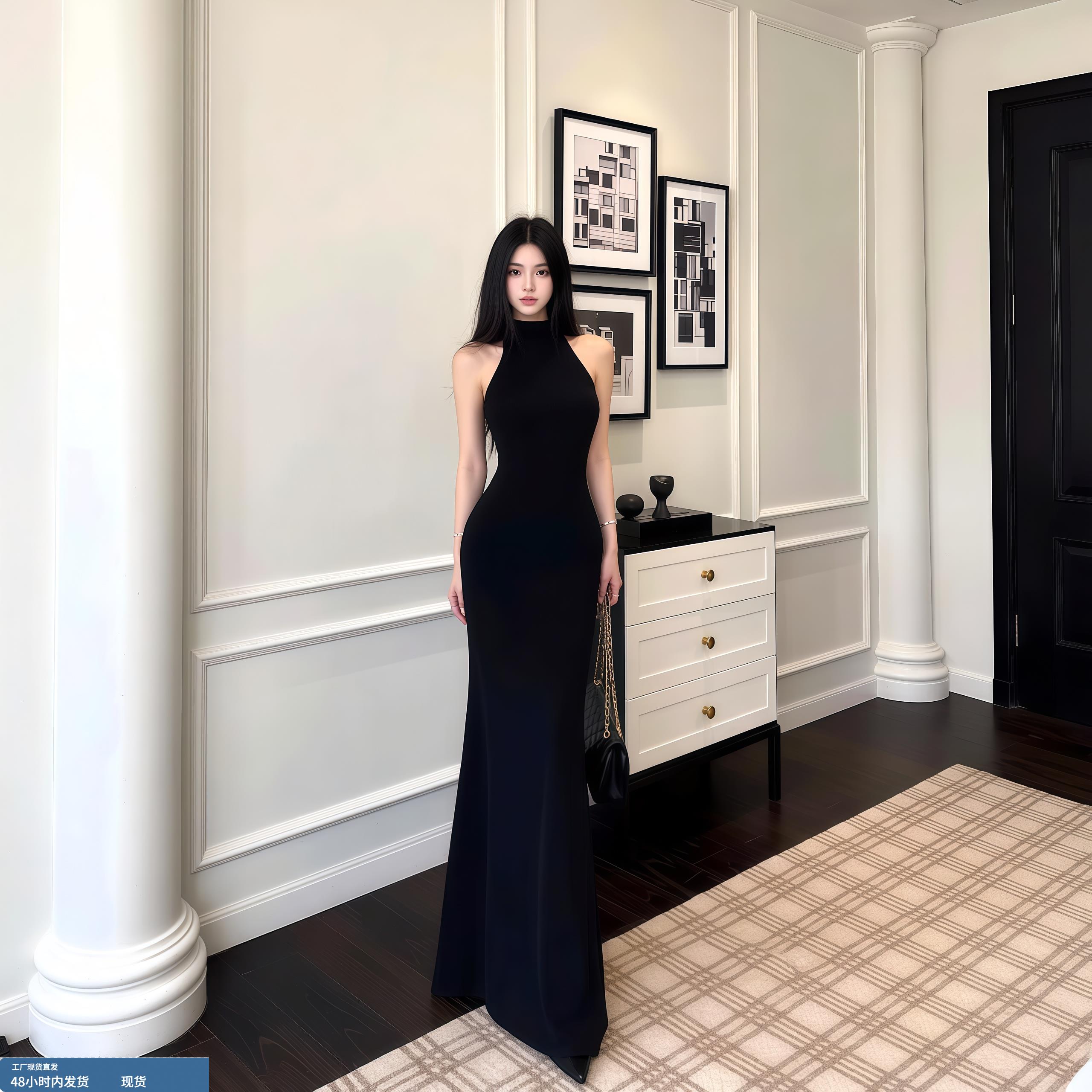 法式纯欲性感挂脖露肩连衣裙女秋季新款气质修身显身材无袖长裙子