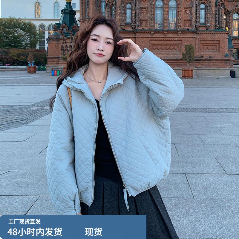 蓝色连帽菱形格轻薄款羽绒服女冬季加厚外套巨好看韩系休闲小个子