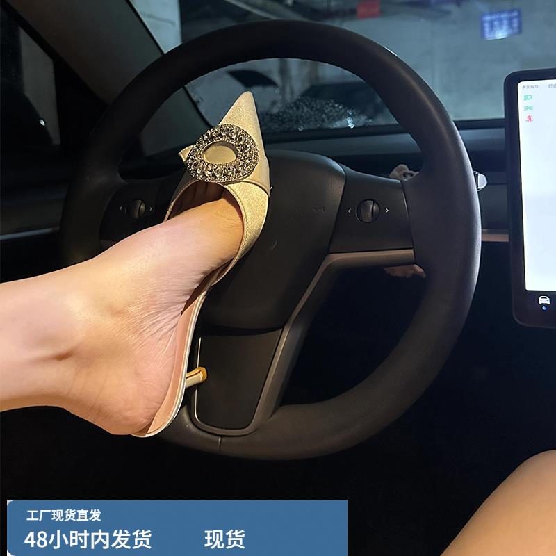 夏季新款包头浅口水钻圆扣丝绸拖鞋女性感外穿尖头真皮细跟高跟鞋