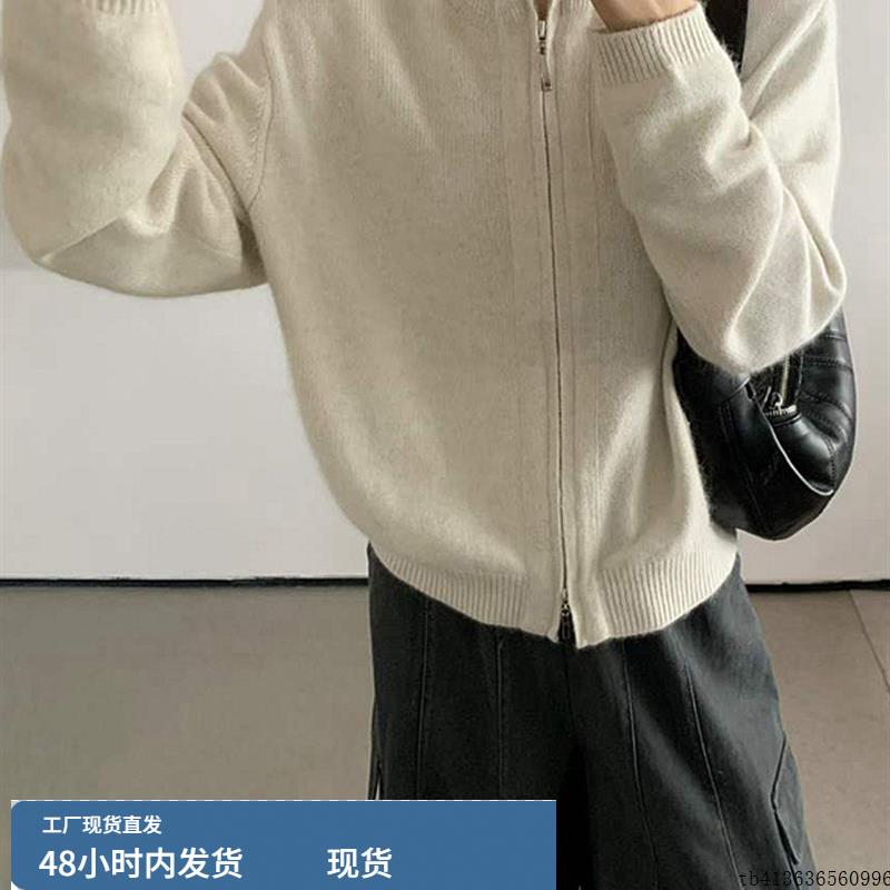 2025秋季新款大码米色慵懒风拉炼针织开衫女长袖宽松毛衣外套时尚