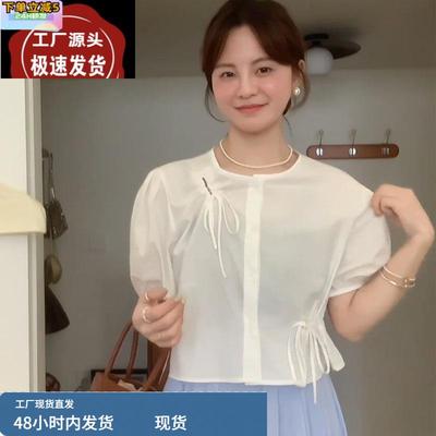 圆领纯色蝴蝶结泡泡袖短款衬衫薄款微透夏季设计感开衫短袖上衣女